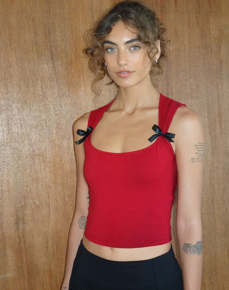 Jiniso Crop Top in Adrenaline Red with Black Bows - Image 2