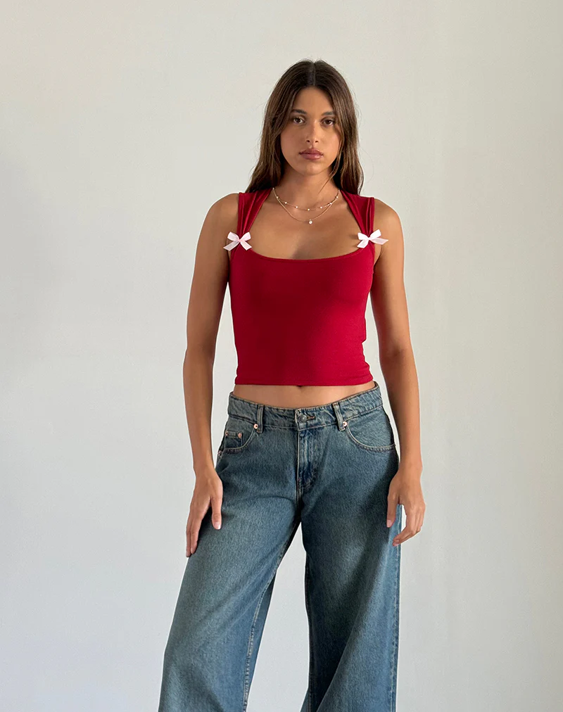 Jiniso Crop Top in Adrenaline Red with Pink Bows - Image 3