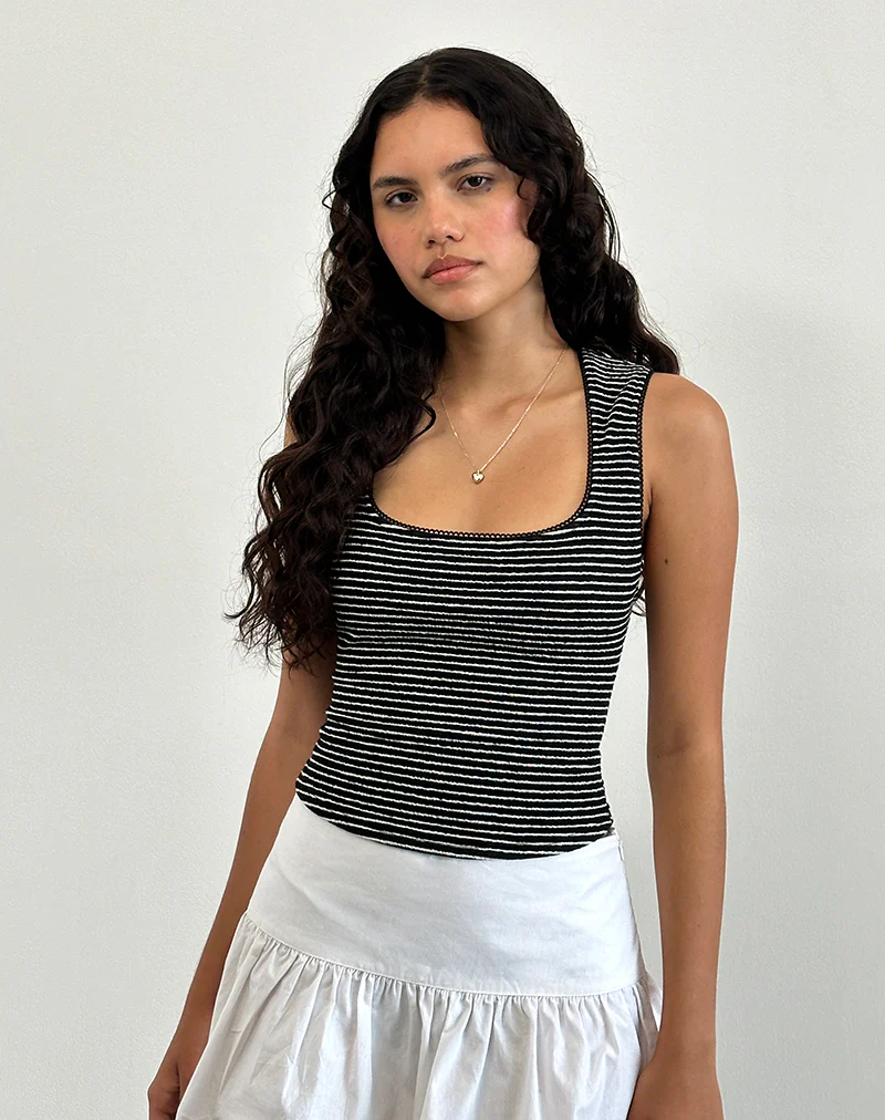 Jinsu Top in Black and White Stripe with Picot Trim - Image 3
