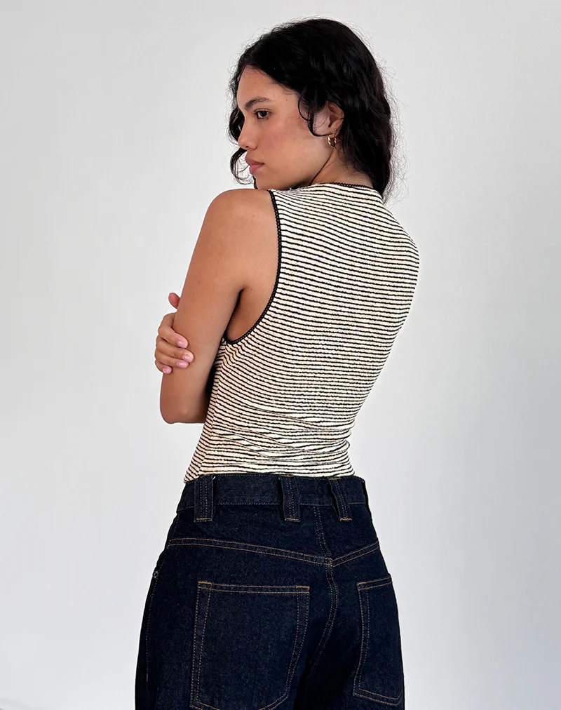 Jinsu Top in Black and Yellow Stripe with Picot Trim - Image 3