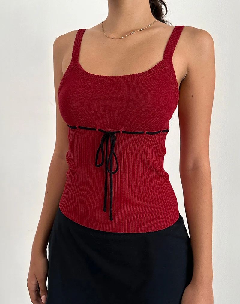Joanie Rib Cami Top in Red with Black Tie - Image 2