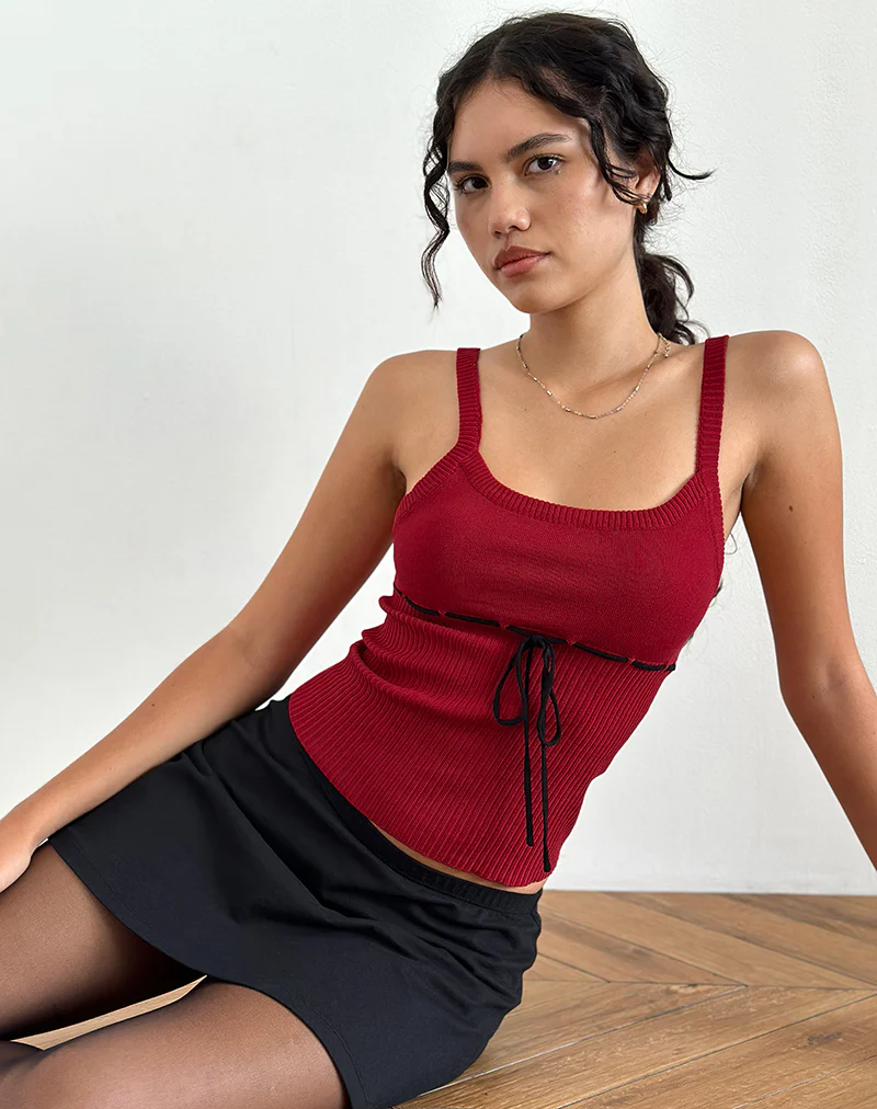 Joanie Rib Cami Top in Red with Black Tie - Image 4