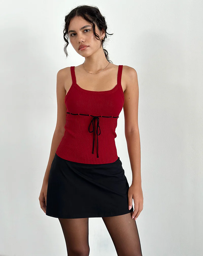 Joanie Rib Cami Top in Red with Black Tie - Image 5