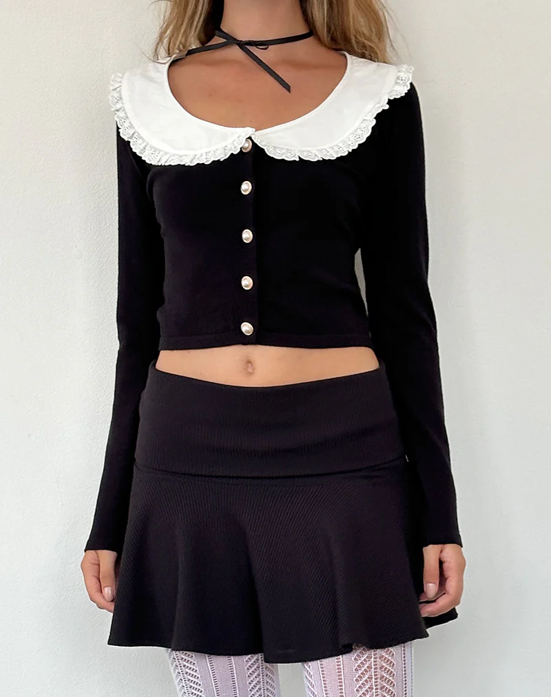 Jodine Knitted Cardigan in Black with White Frill - Image 2