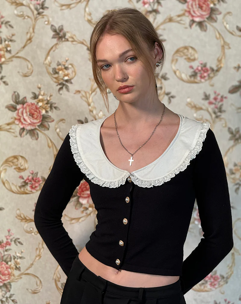 Jodine Knitted Cardigan in Black with White Frill - Image 3