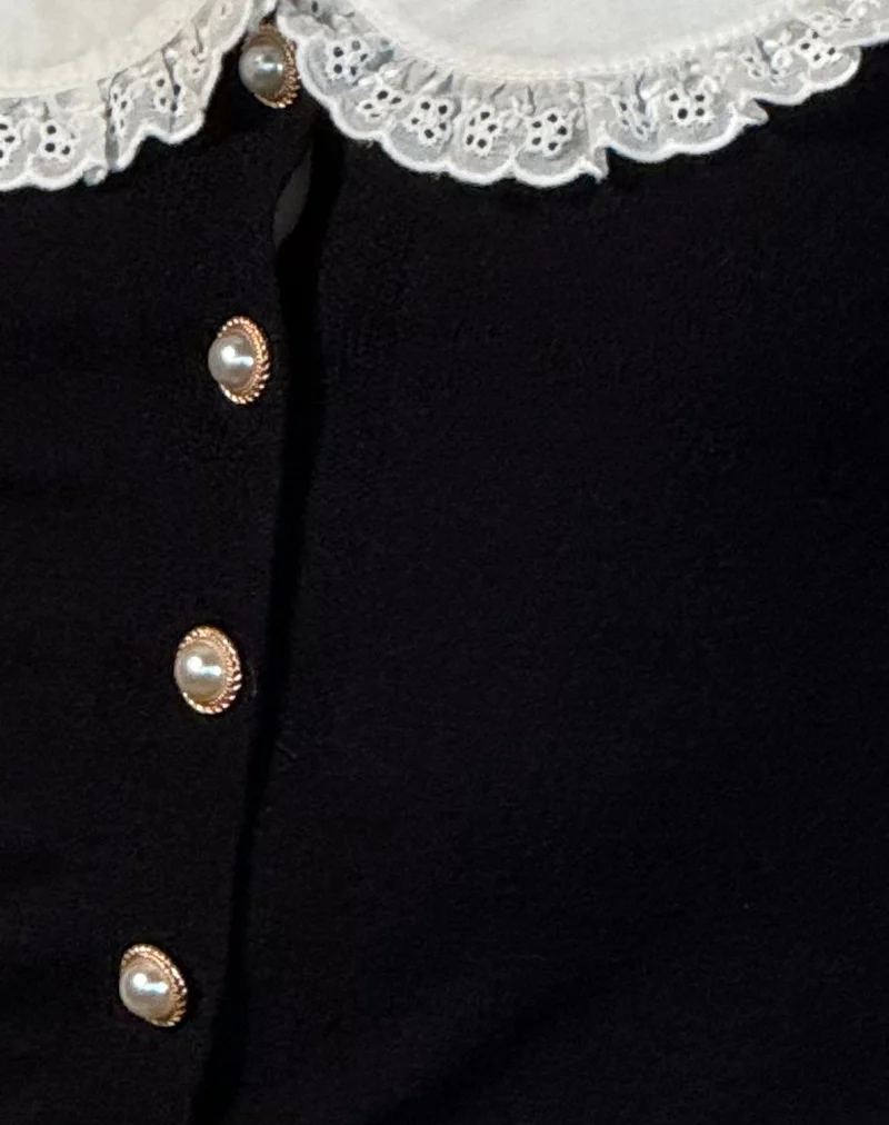 Jodine Knitted Cardigan in Black with White Frill - Image 7