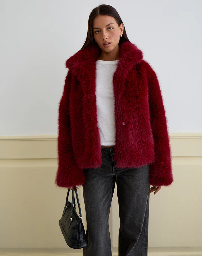 Joji Jacket in Faux Fur Cherry - Image 3
