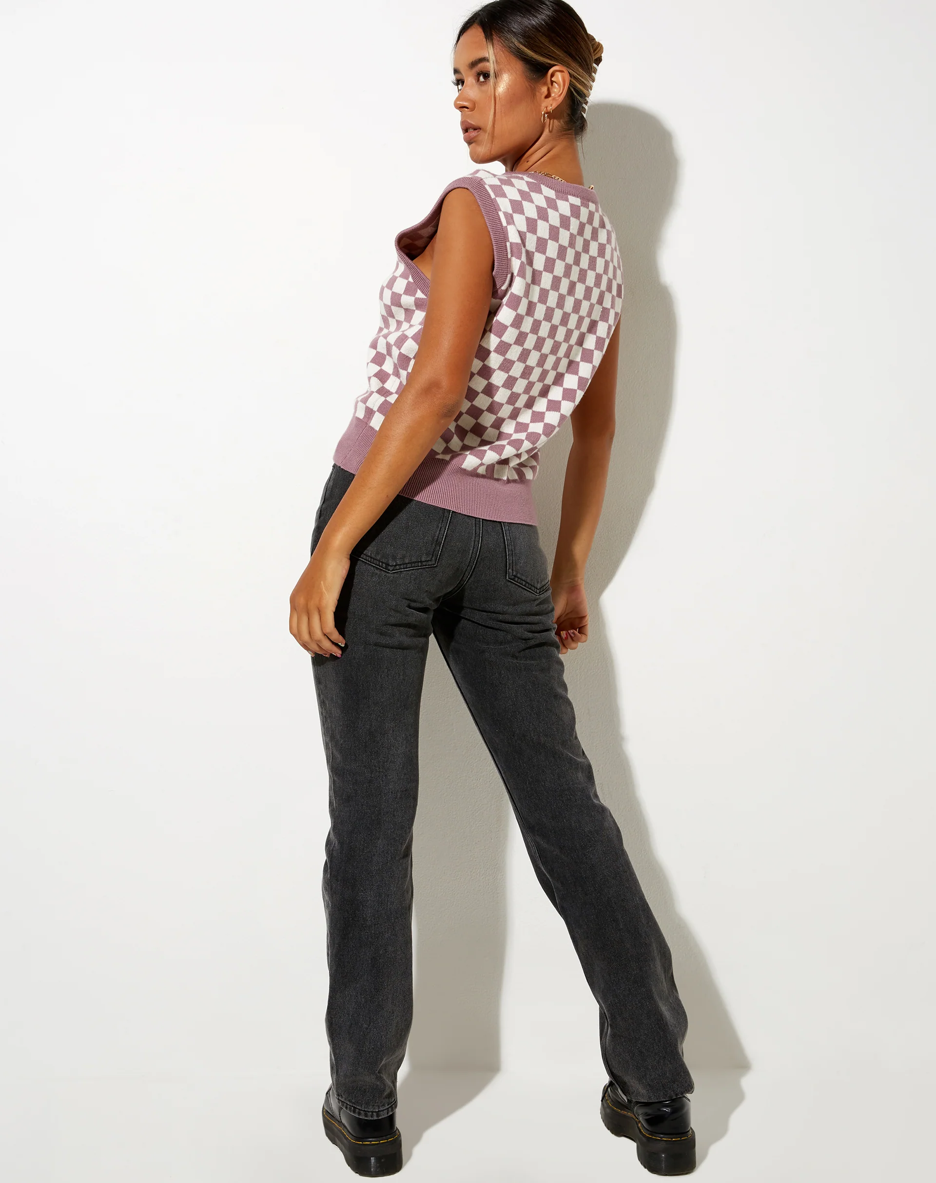 Joker Vest Top in Knit Check Lilac Cream - Image 5