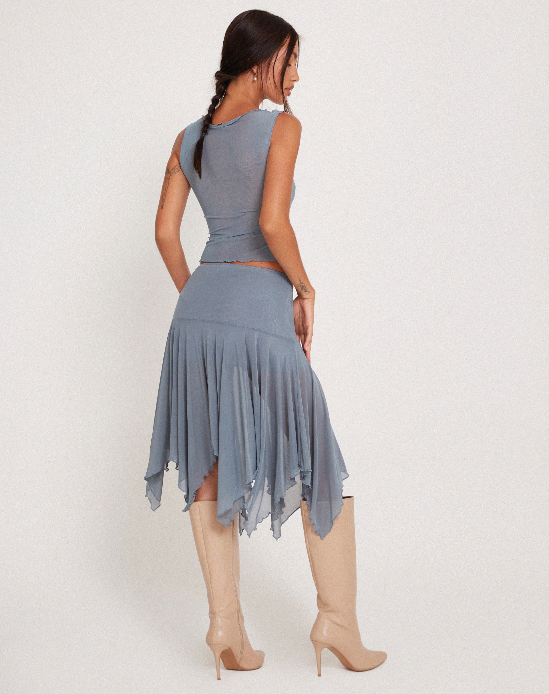Jovali Low Waist Midi Skirt in Blue Grey Mesh - Image 6