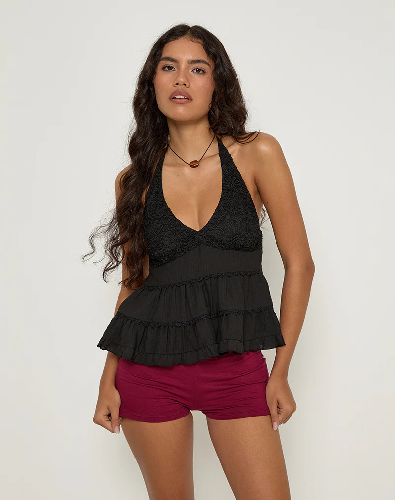 Juanita Frill Halter Neck Top in Black