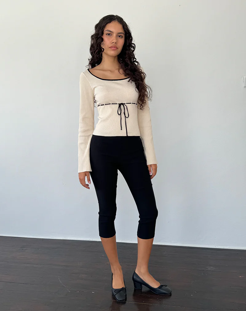 Juhye Knitted Long Sleeve Top in Beige with Black Binding - Image 3