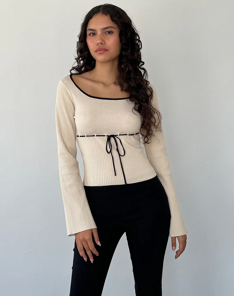 Juhye Knitted Long Sleeve Top in Beige with Black Binding - Image 4