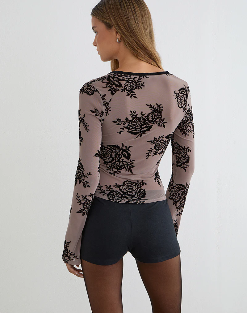 Jumah Top in Taupe Grey with Bold Floral Flock - Image 3