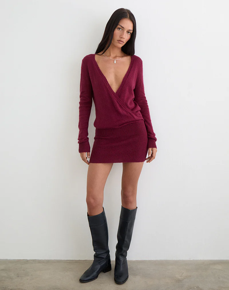 Junbi Wrap Mini Dress in Knit Wine - Image 2