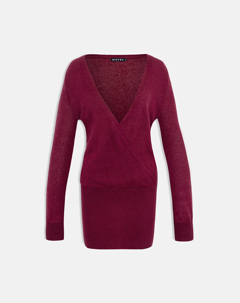 Junbi Wrap Mini Dress in Knit Wine - Image 5