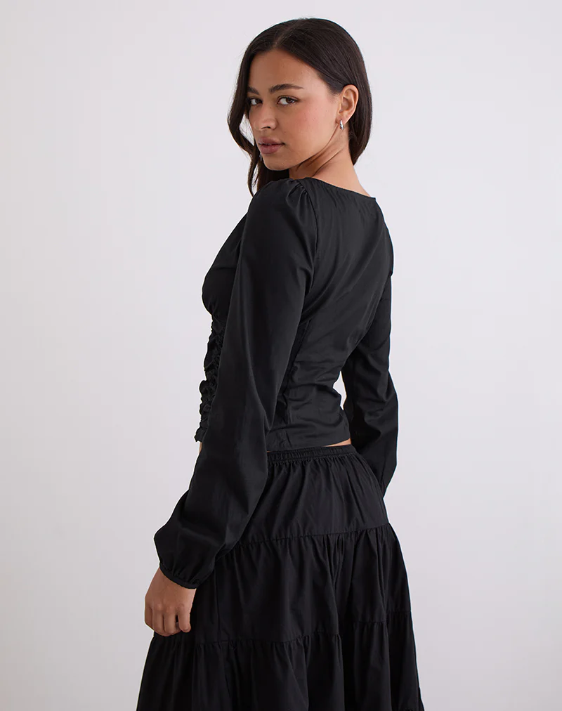 Kadek Fitted Plunge Blouse in Poplin Black - Image 5