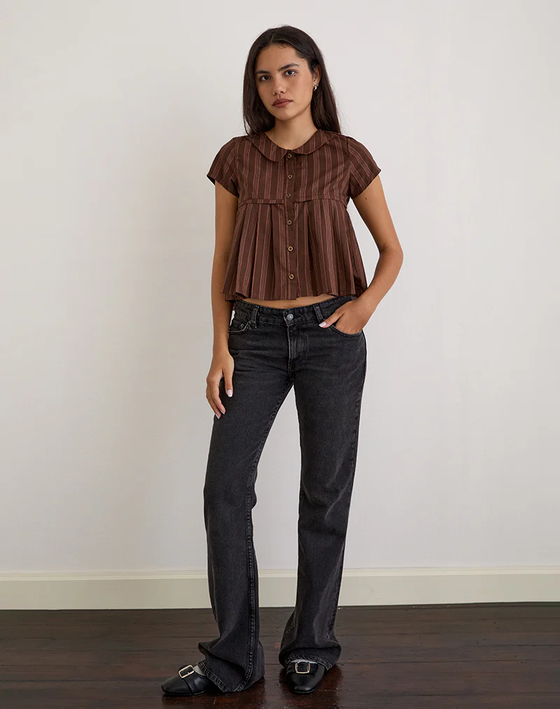 Kaelis Pleated Blouse in Stripe Brown - Image 2