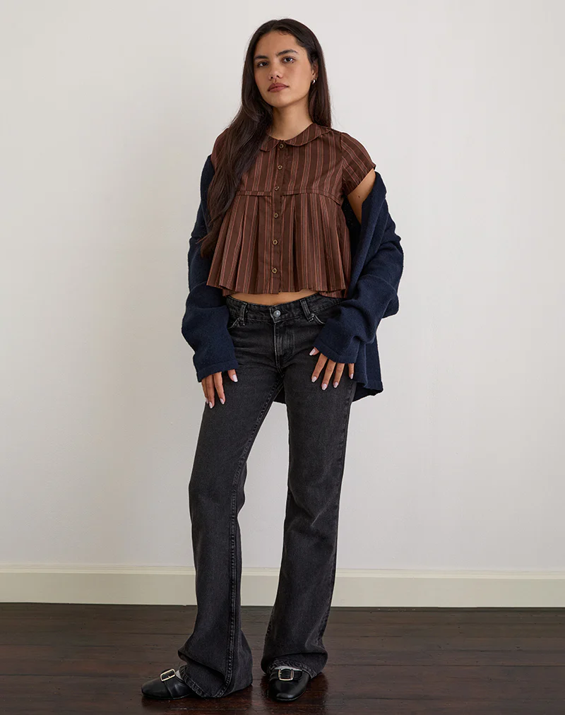 Kaelis Pleated Blouse in Stripe Brown - Image 3