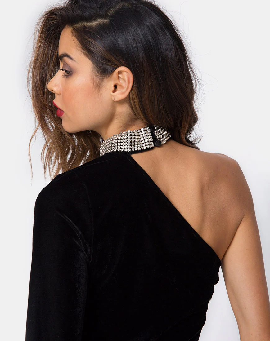 Kaido One Shoulder Bodycon Dress in Velvet Diamond Black - Image 2