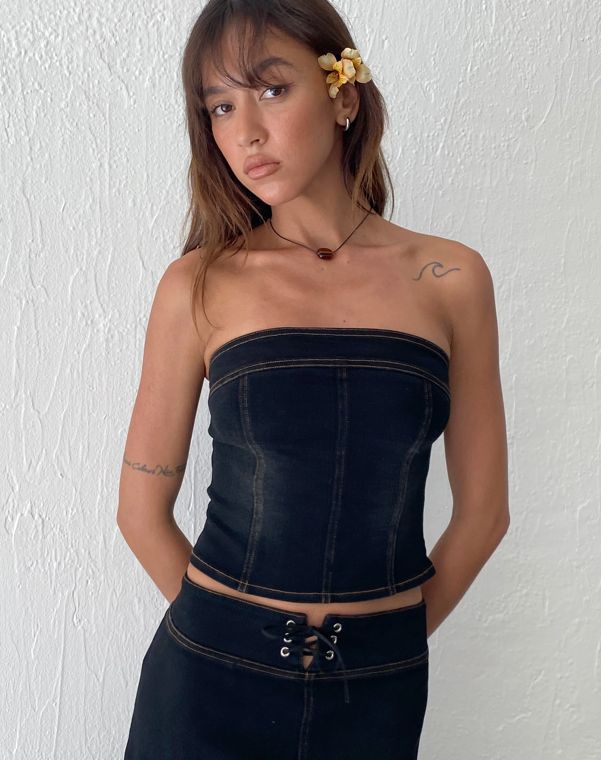 Kaiha Denim Bandeau Corset Top in Black Wash - Image 2