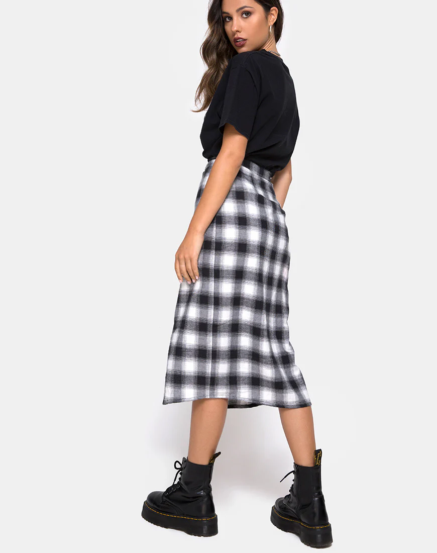 Kaisa Midi Skirt in Plaid Black and White - Image 3
