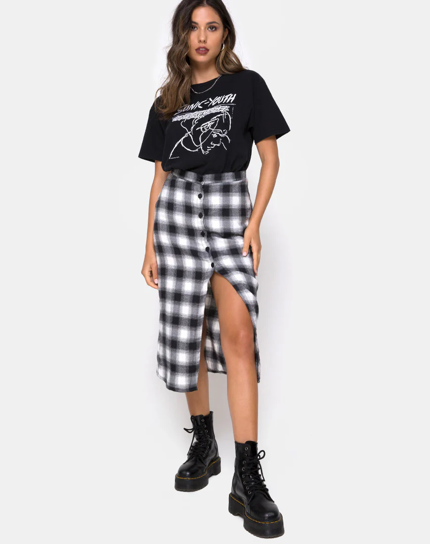Kaisa Midi Skirt in Plaid Black and White - Image 4
