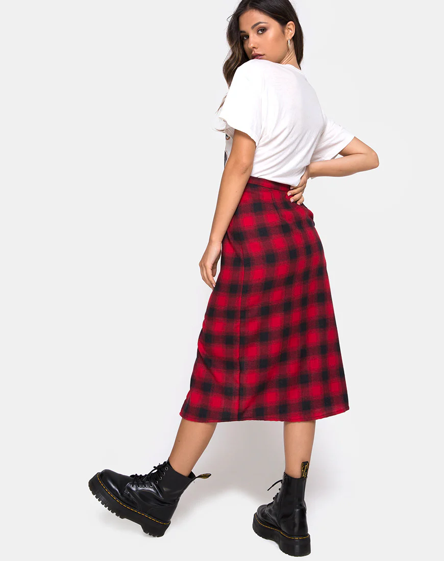Kaisa Midi Skirt in Plaid Red and Black - Image 4