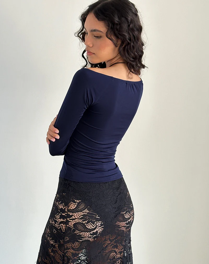 Kaisley Ruched Front Long Sleeve Top in Navy - Image 2