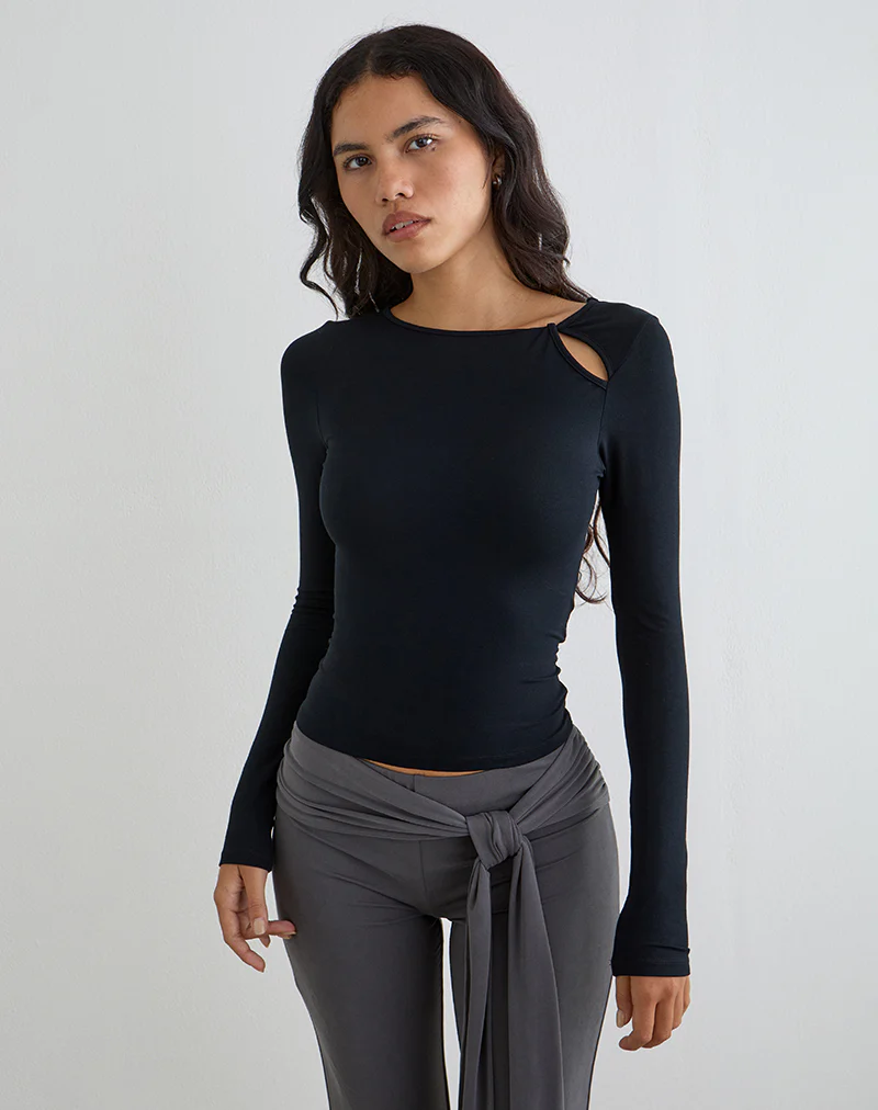 Kalais Long Sleeve Twisted Neckline Top in Black - Image 5