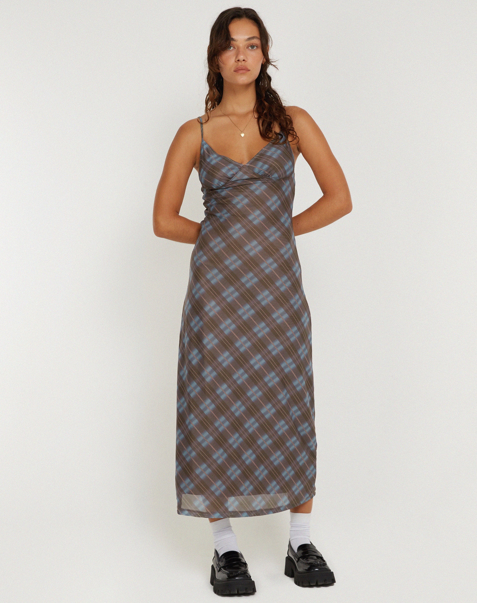 Kalana Midi Dress in Green Blurred Check Dark Olive - Image 3