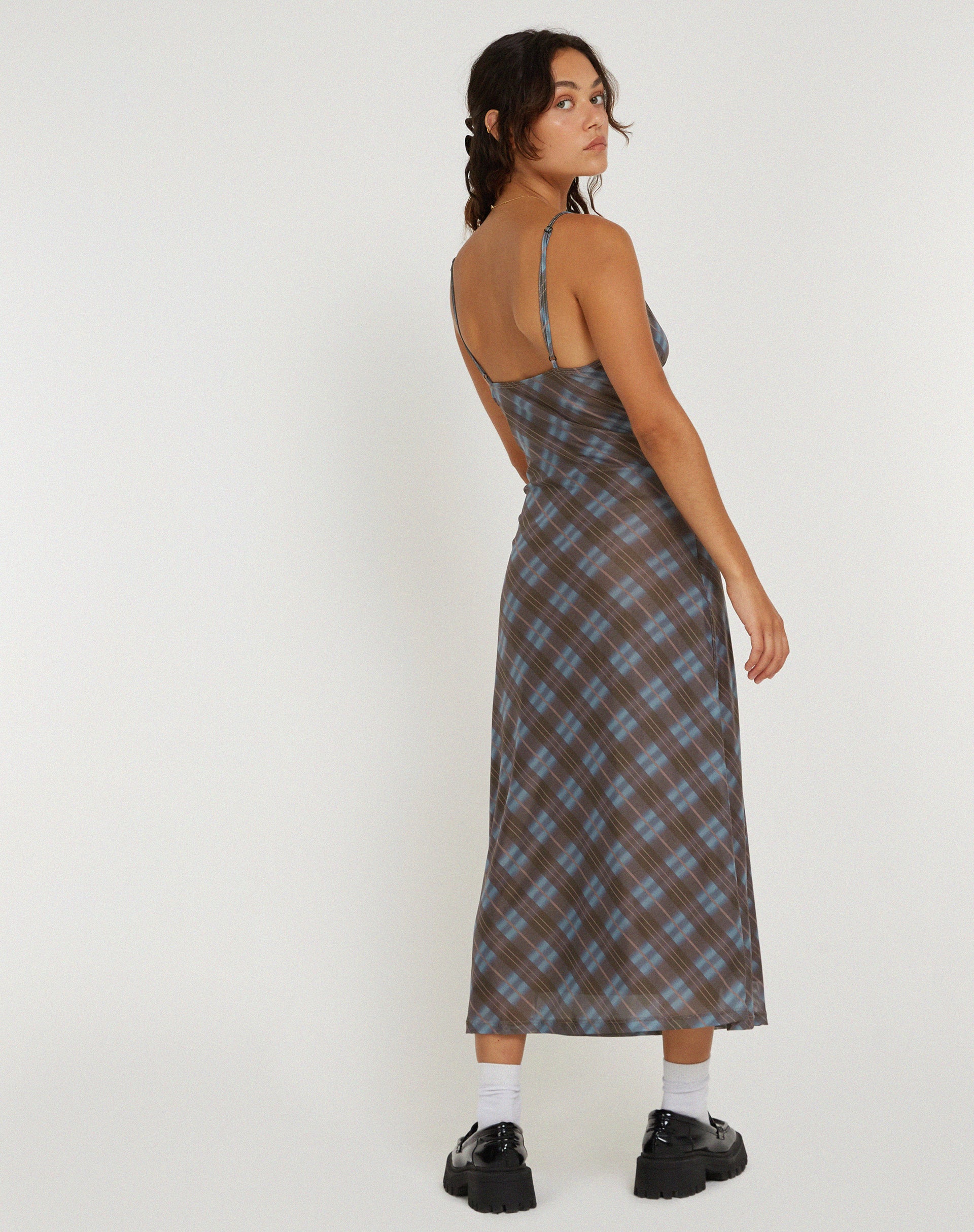 Kalana Midi Dress in Green Blurred Check Dark Olive - Image 4