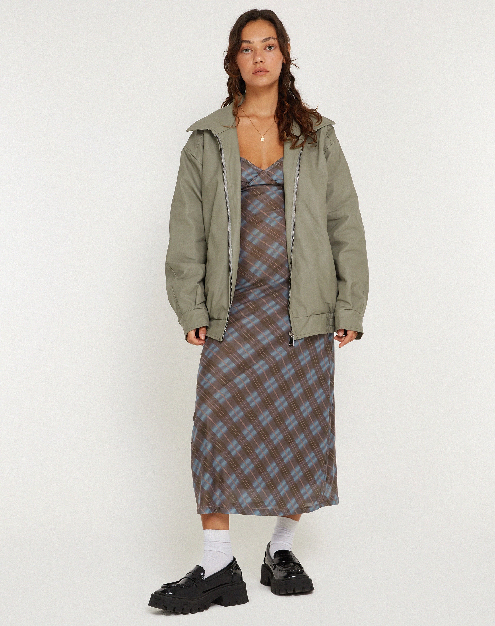 Kalana Midi Dress in Green Blurred Check Dark Olive - Image 5