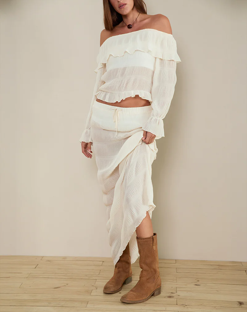 Kalena Long Sleeve Bardot Top in Chiffon Plisse Ivory - Image 2