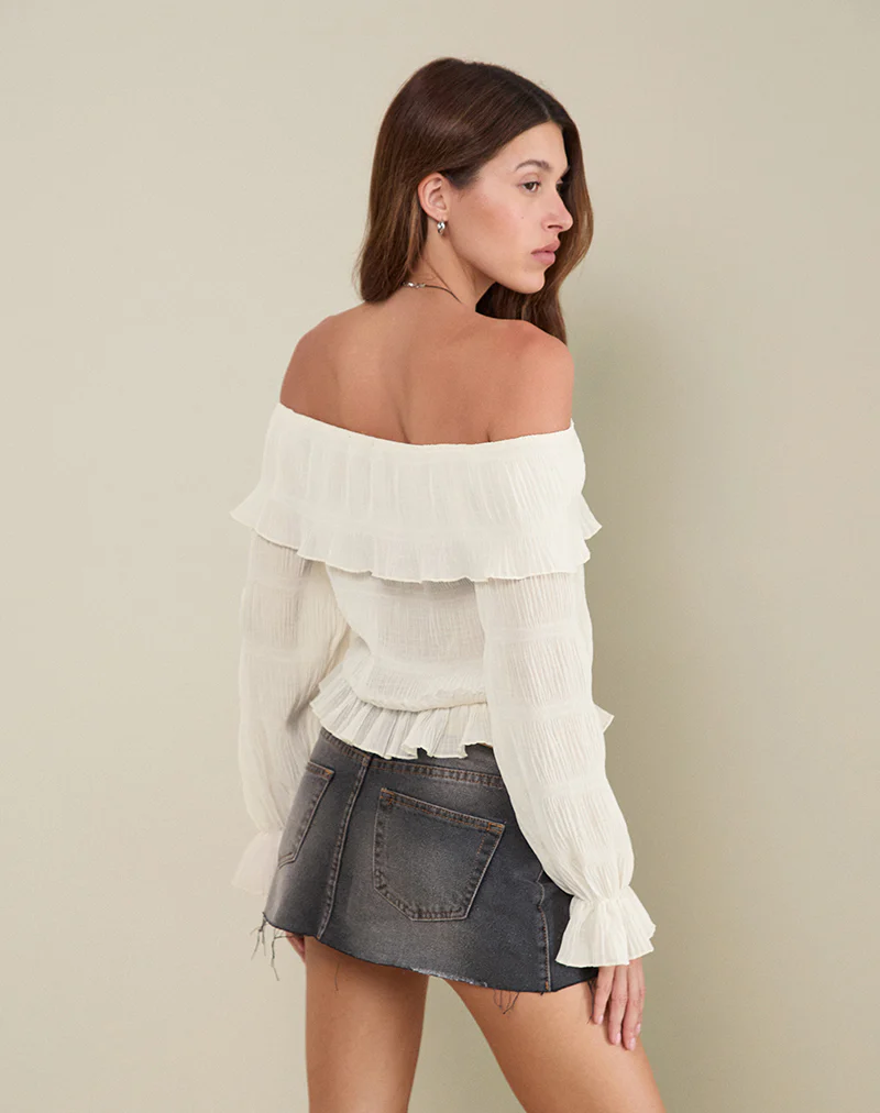 Kalena Long Sleeve Bardot Top in Chiffon Plisse Ivory - Image 4