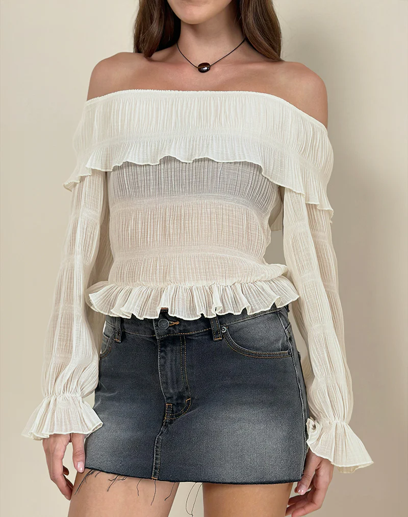 Kalena Long Sleeve Bardot Top in Chiffon Plisse Ivory - Image 6