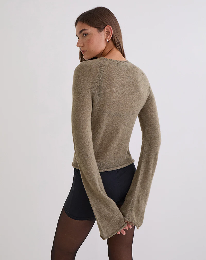 Kaleo Roll Edge Jumper in Knit Khaki - Image 3