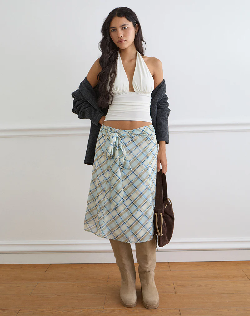 Kamili Midi Skirt in Chiffon Vintage Blue Check - Image 4