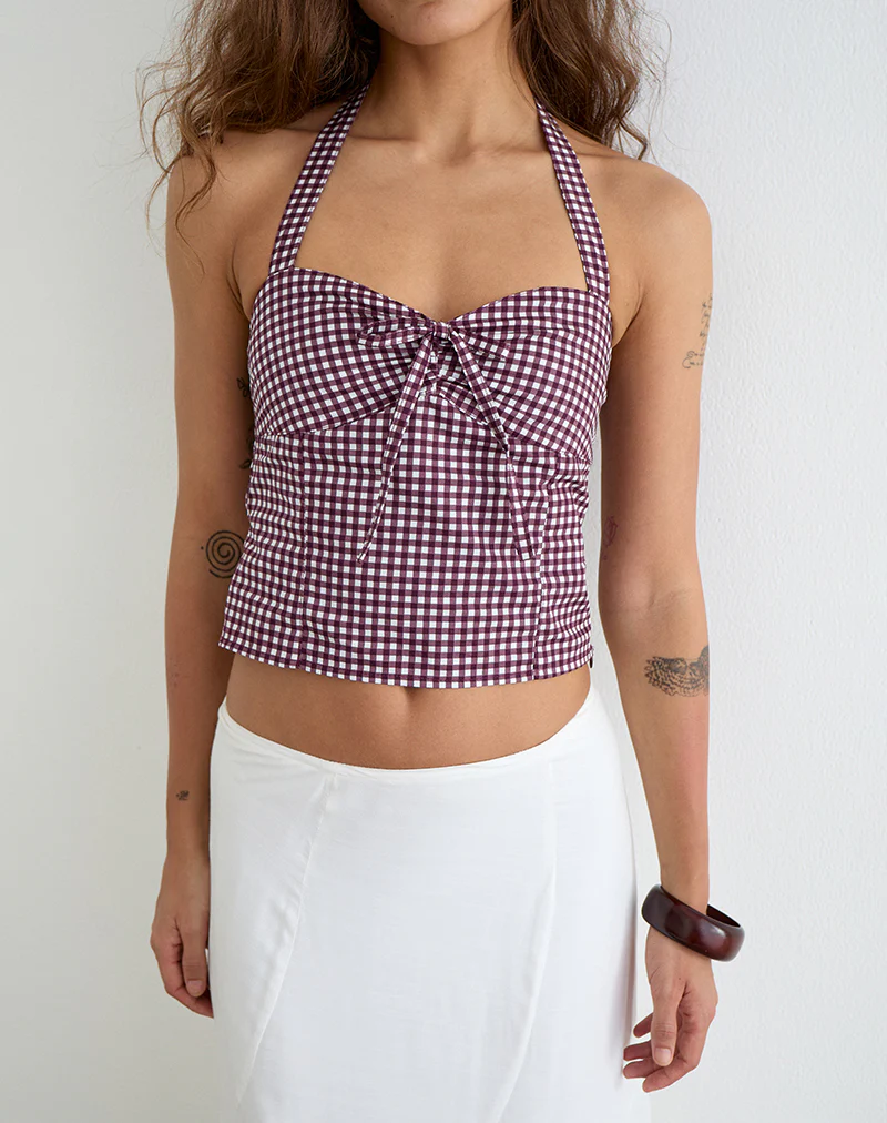 Kampi Halterneck Top in Mini Gingham Wine - Image 3