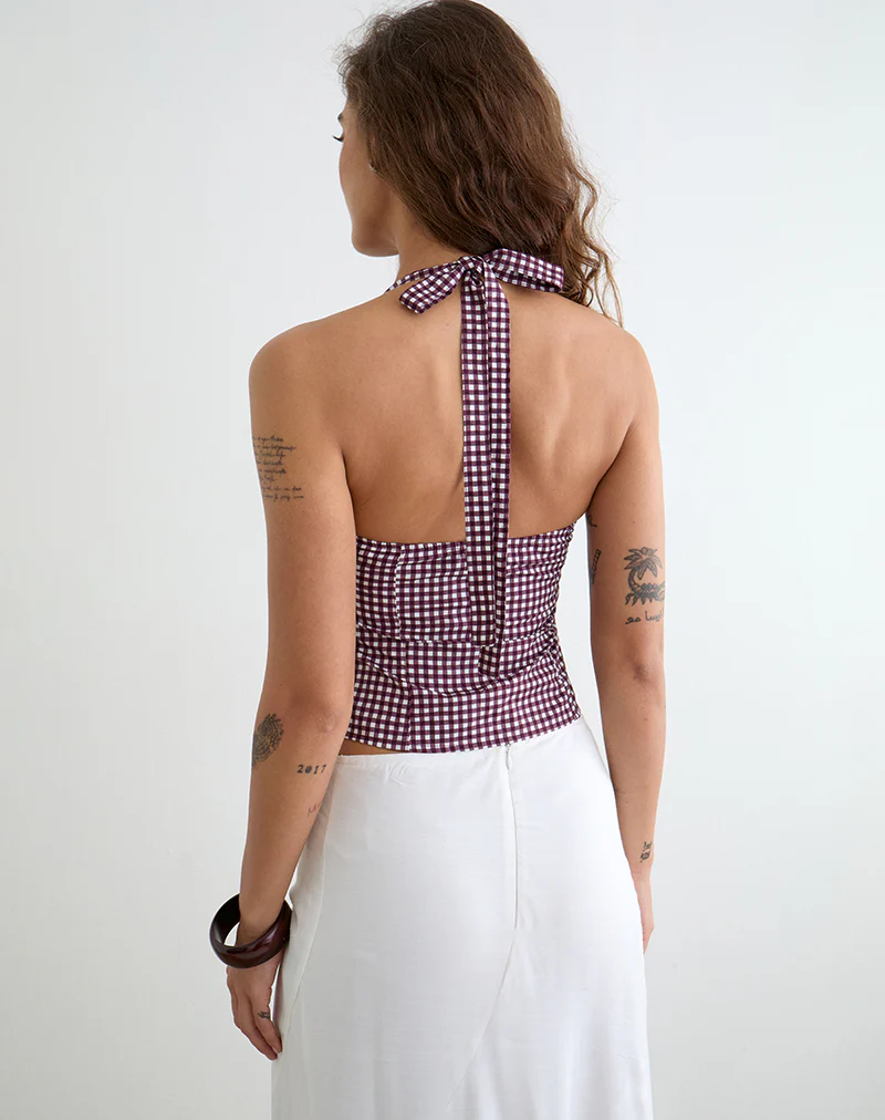 Kampi Halterneck Top in Mini Gingham Wine - Image 4