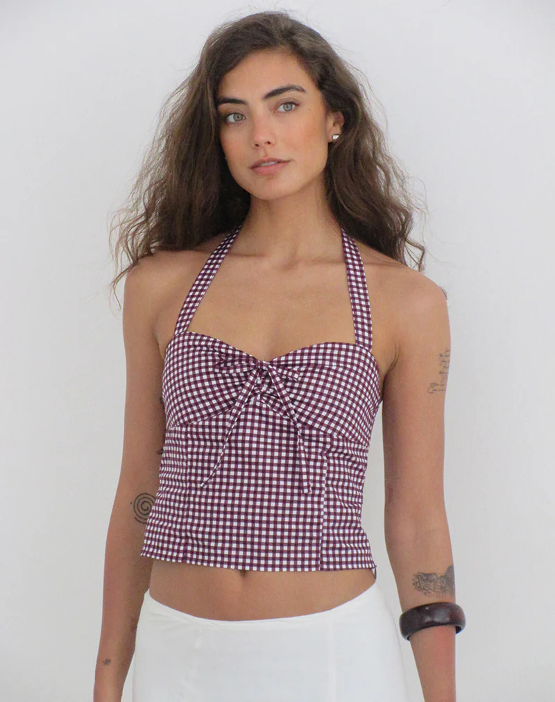 Kampi Halterneck Top in Mini Gingham Wine - Image 5