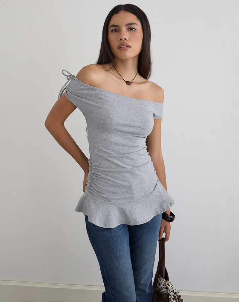 Kanao Bardot Frill Top in Grey Marl - Image 5