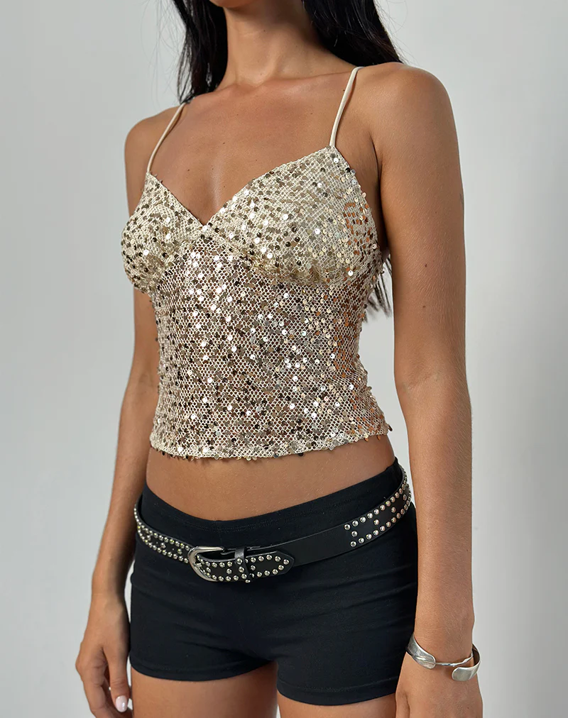 Karachi Triangle Cami Top in Sequin Gold - Image 4