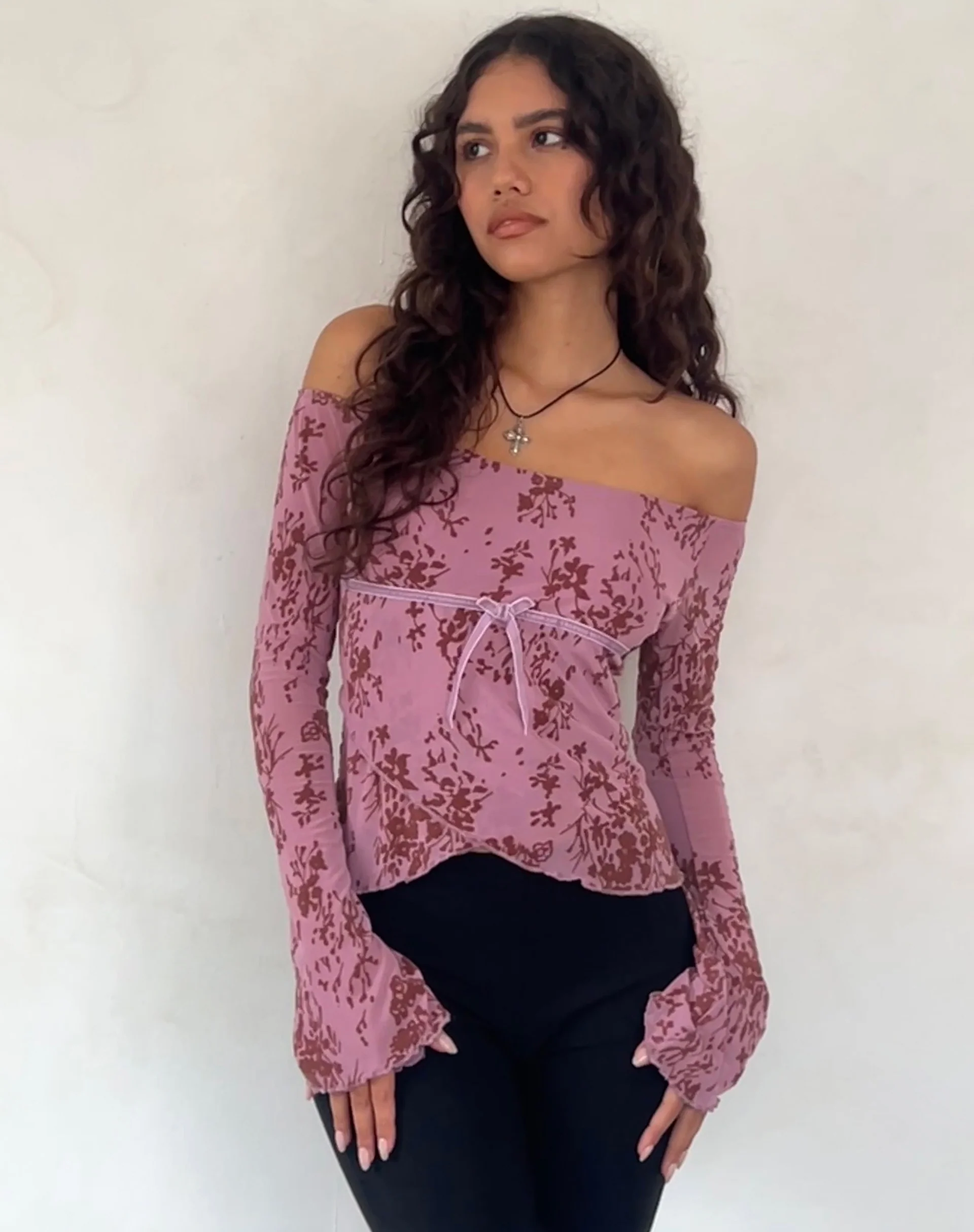 Kareena Long Sleeve Bardot Top in Abstract Botanic Mauve - Image 2