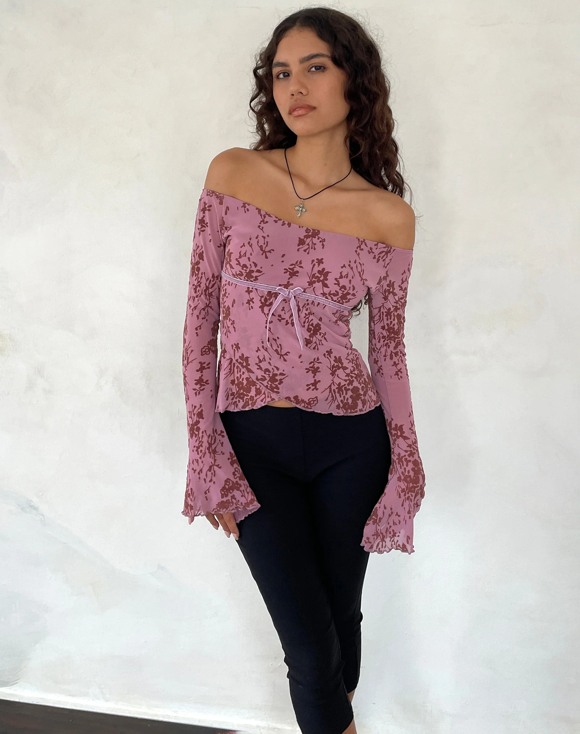 Kareena Long Sleeve Bardot Top in Abstract Botanic Mauve - Image 4