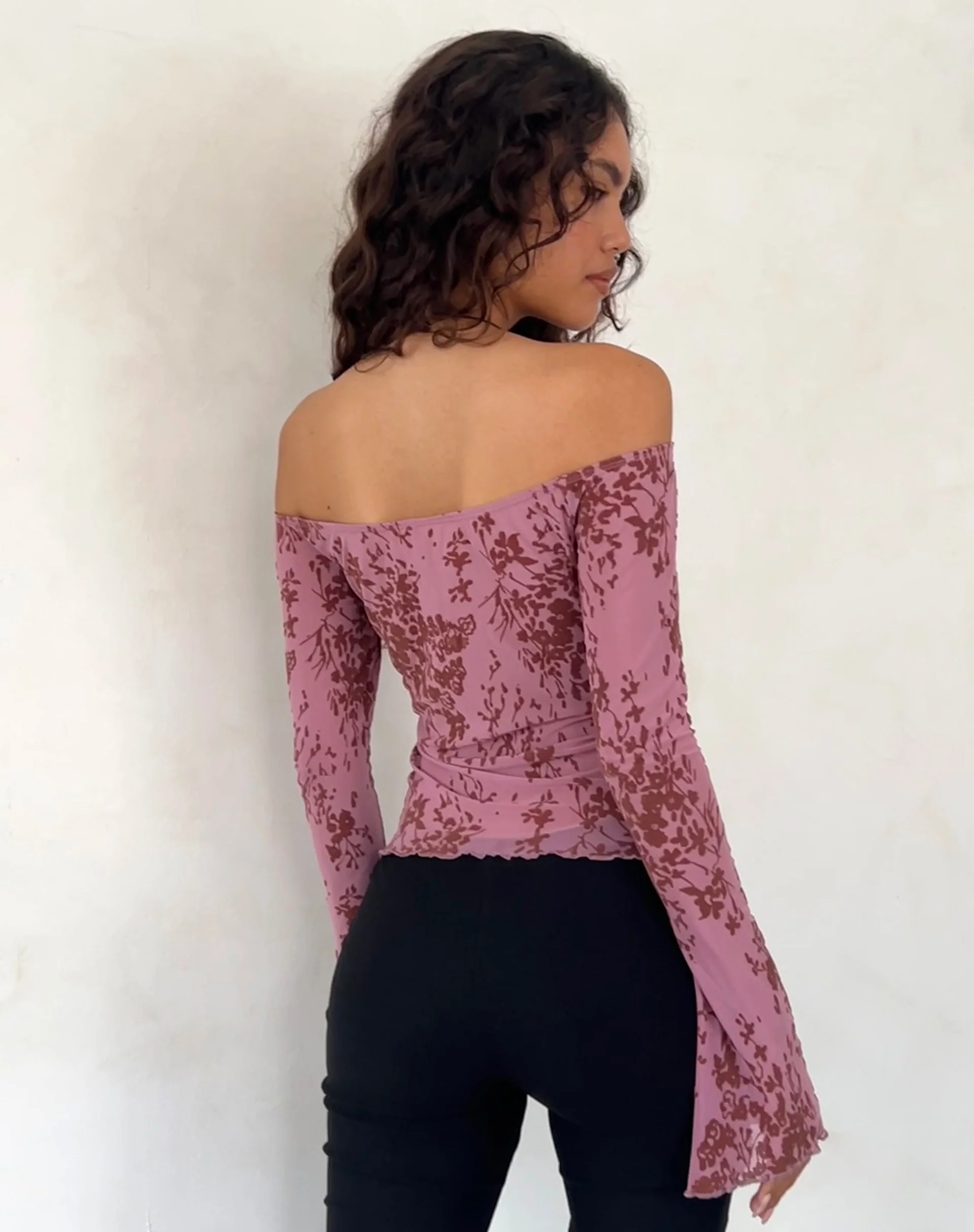 Kareena Long Sleeve Bardot Top in Abstract Botanic Mauve - Image 5