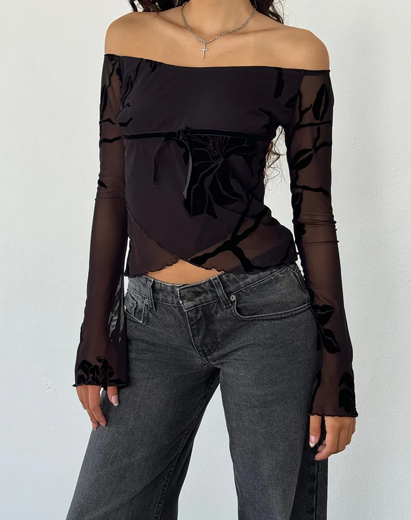 Kareena Long Sleeve Bardot Top in Orchid Flock Black