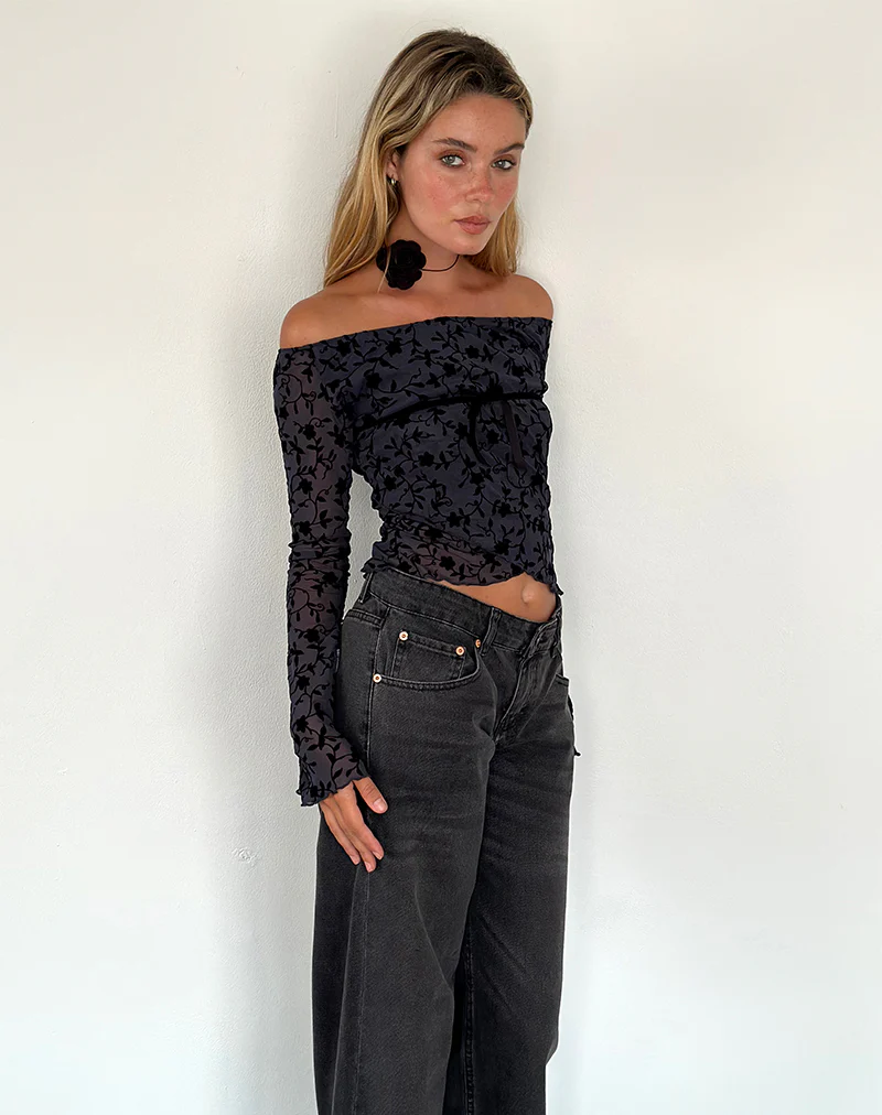 Kareena Long Sleeve Bardot Top in Pretty Petal Flock Navy - Image 3