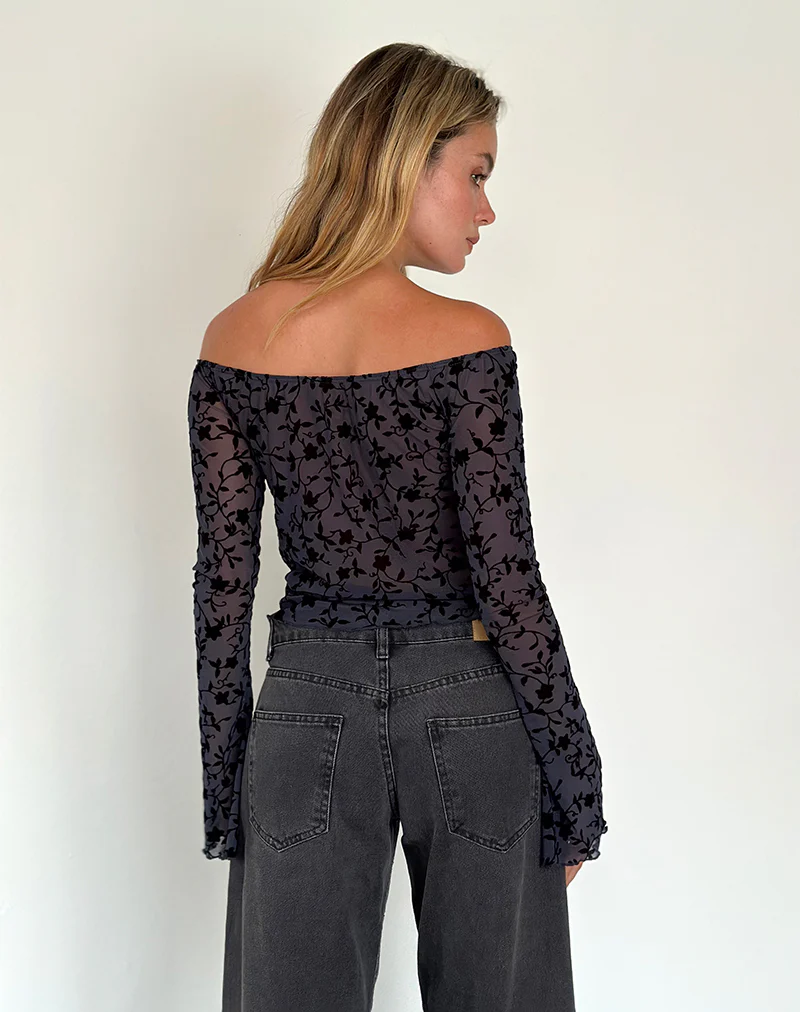 Kareena Long Sleeve Bardot Top in Pretty Petal Flock Navy - Image 5
