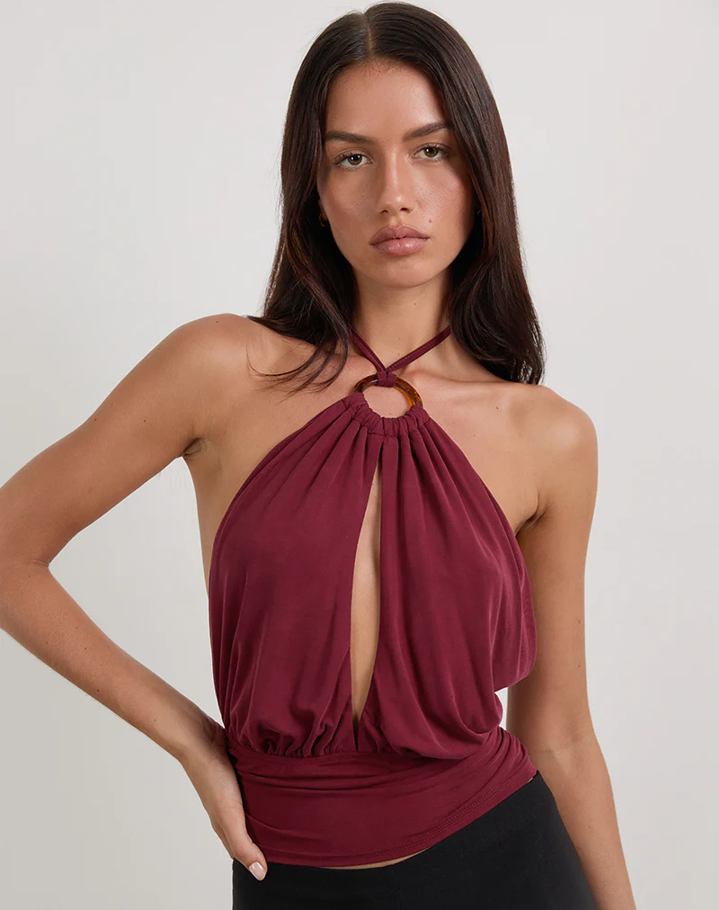 Karise Plunge Top in Cupro Dark Red - Image 2