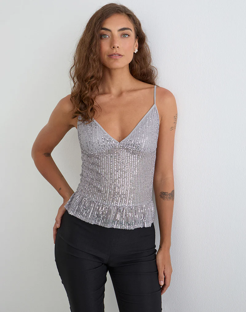 Karka Cami Top in Drape Sequin Grey - Image 3